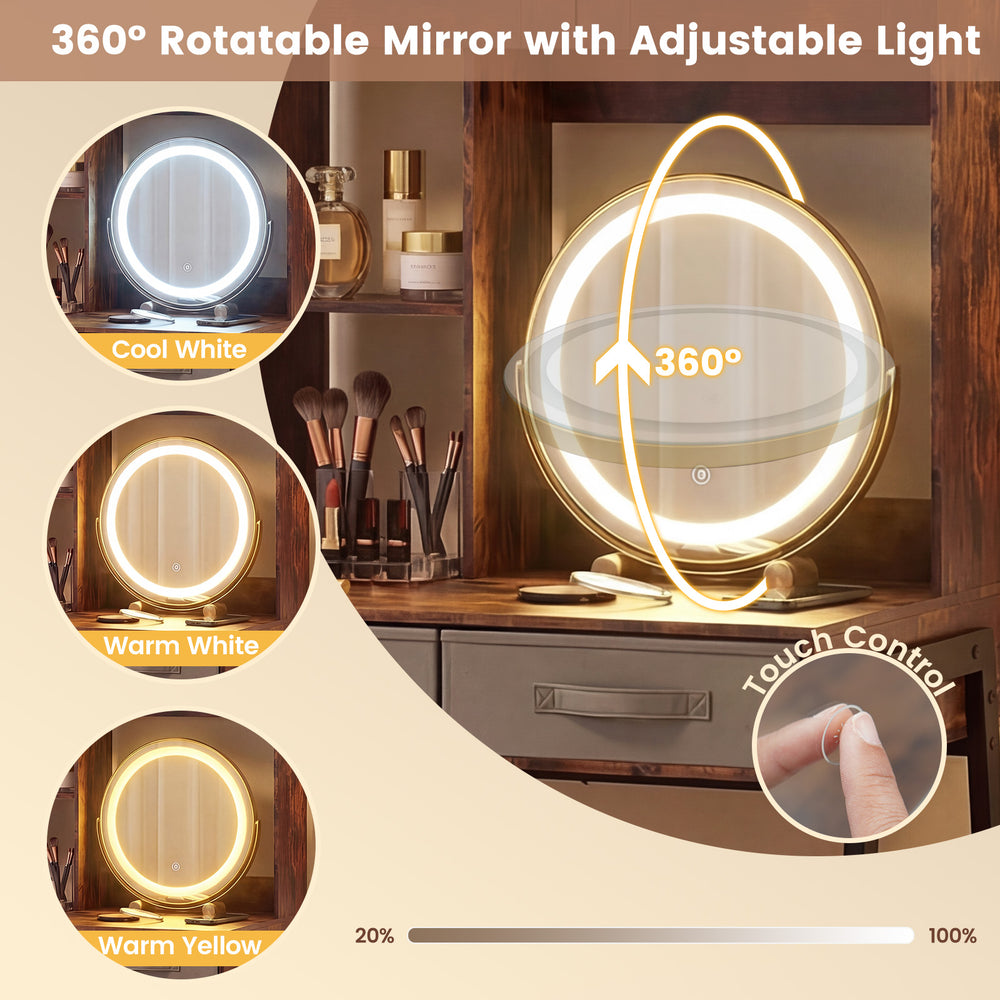 360° rotatable mirror with adjustable light in warm yellow, warm white, and cool white for versatile makeup application.