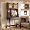 Vanity desk with rotatable mirror and lights, featuring a brown finish, ample storage, and adjustable brightness for.