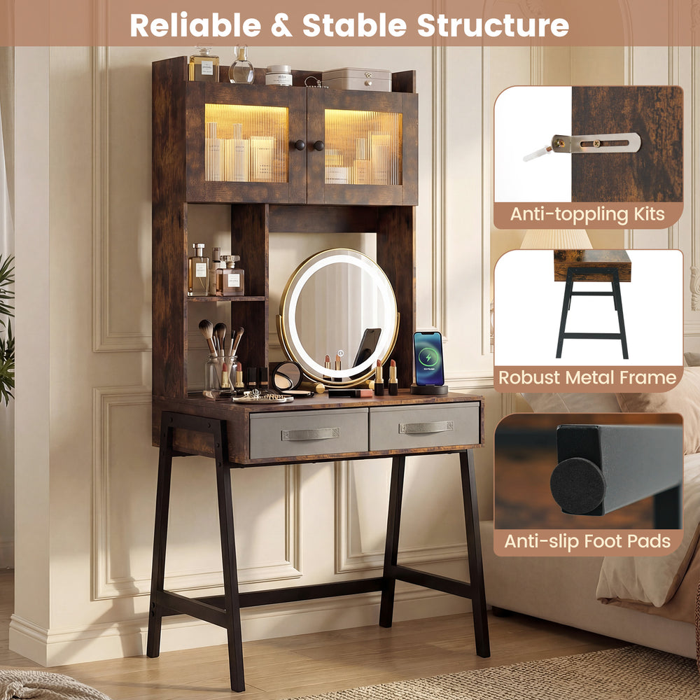 Vanity desk with rotatable mirror and lights, featuring a brown finish, ample storage, and adjustable brightness for.