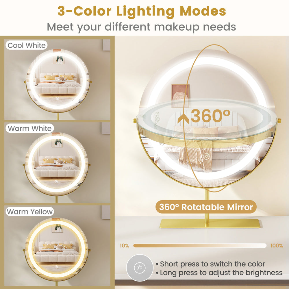360° rotatable lighted mirror with three color modes on a 55-inch white vanity desk for organized makeup application.