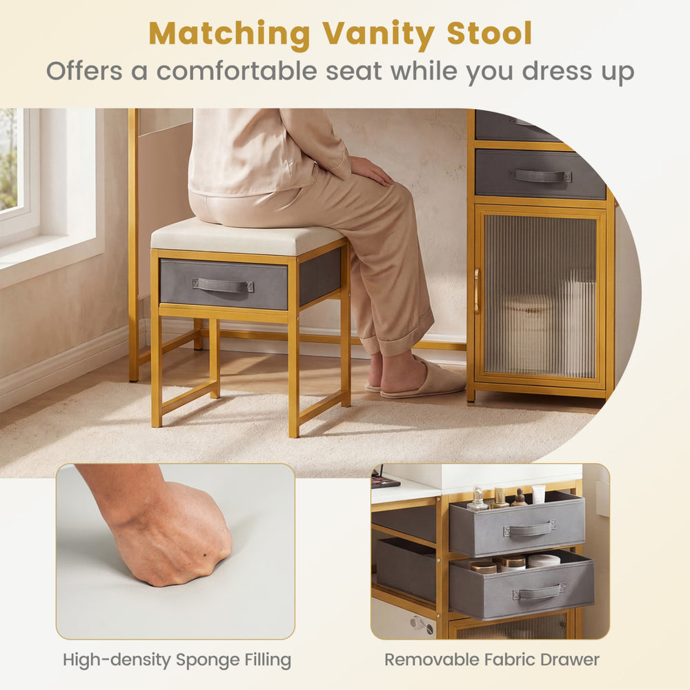 Padded vanity stool with removable fabric drawer, designed for comfort while using the 55-inch makeup vanity table.