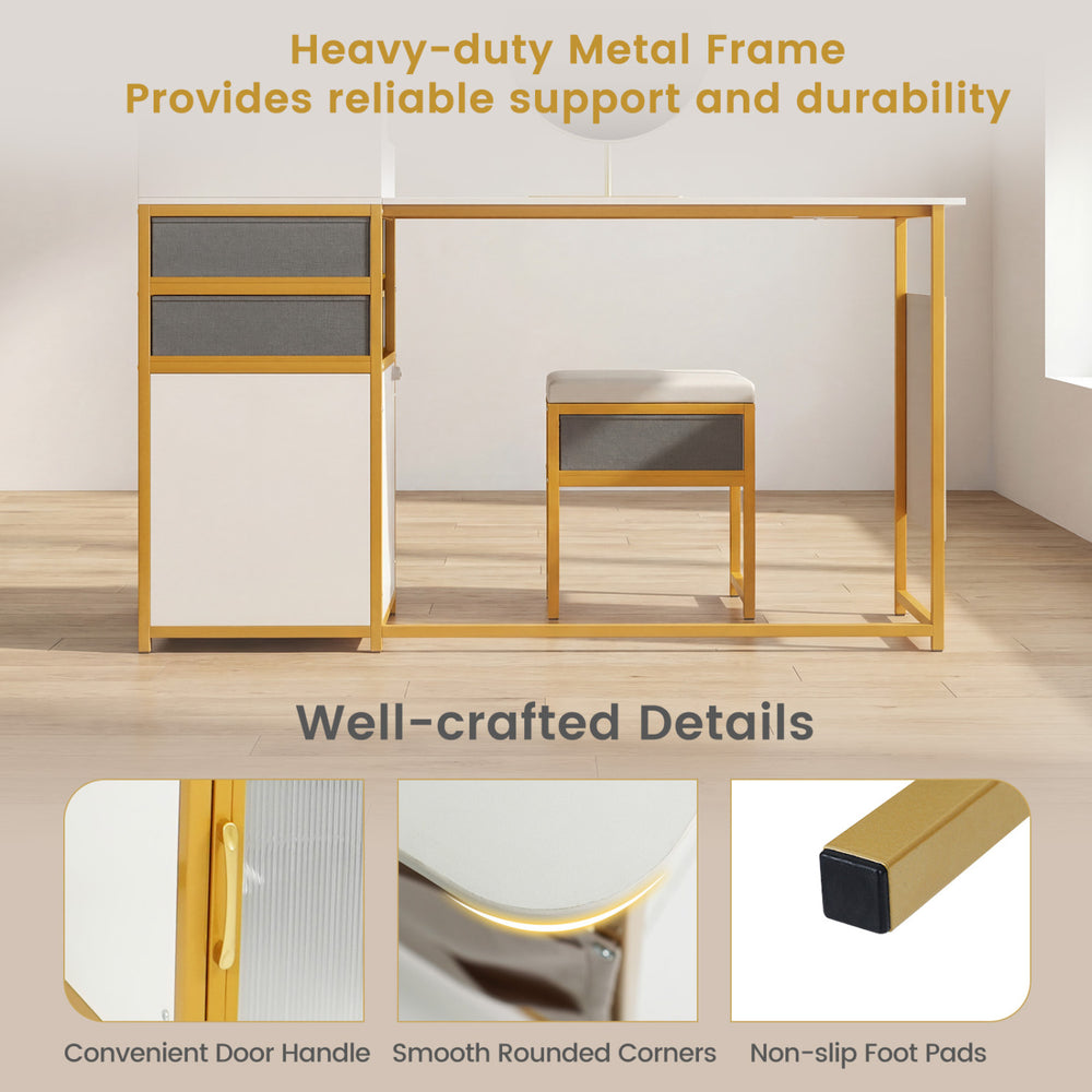 Vanity desk with rotatable lighted mirror, heavy-duty metal frame, and storage drawers for organized makeup essentials.