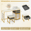 Vanity desk with rotatable lighted mirror, white finish, includes storage organizer and padded stool for makeup.