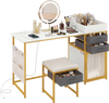 Vanity desk with rotatable lighted mirror, white finish, includes storage drawers and a padded stool for makeup.