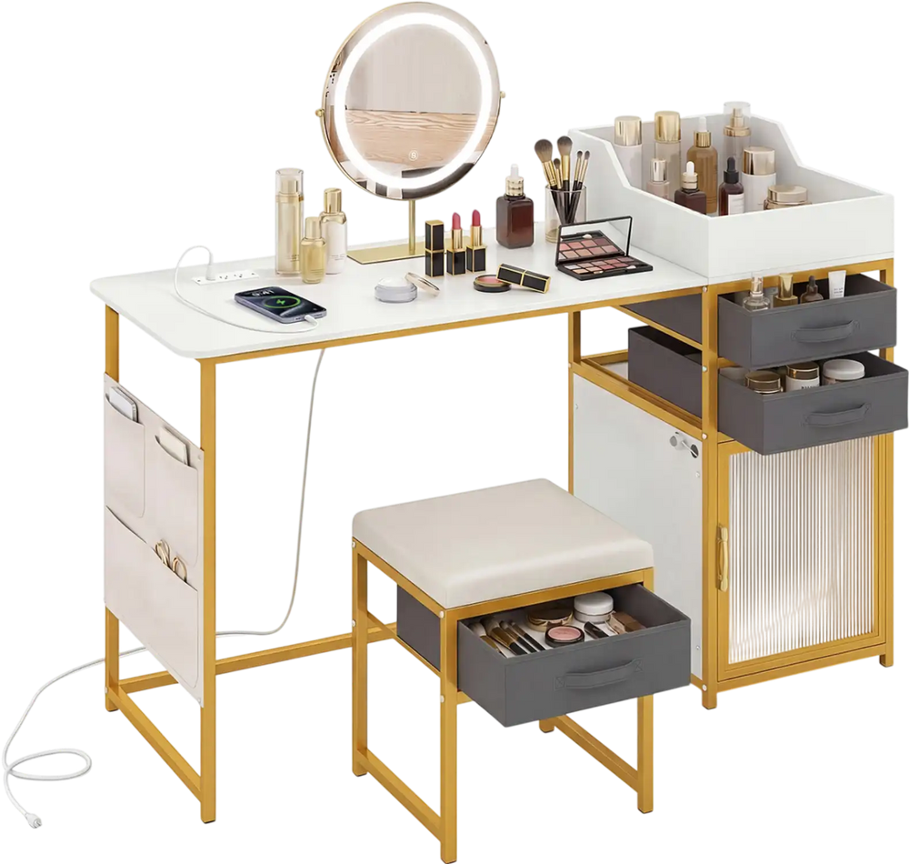 Vanity desk with rotatable lighted mirror, white finish, includes storage drawers and a padded stool for makeup.