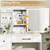 Sliding mirror of the white vanity desk, featuring adjustable lighting and ample storage for makeup essentials.