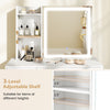 Adjustable 3-level shelf of a white vanity desk with sliding mirror, designed for items of varying heights.
