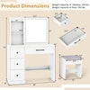 Vanity desk dimensions with sliding mirror, lights, and storage features, designed for makeup organization in white.