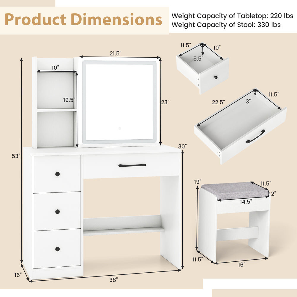 Vanity desk dimensions with sliding mirror, lights, and storage features, designed for makeup organization in white.