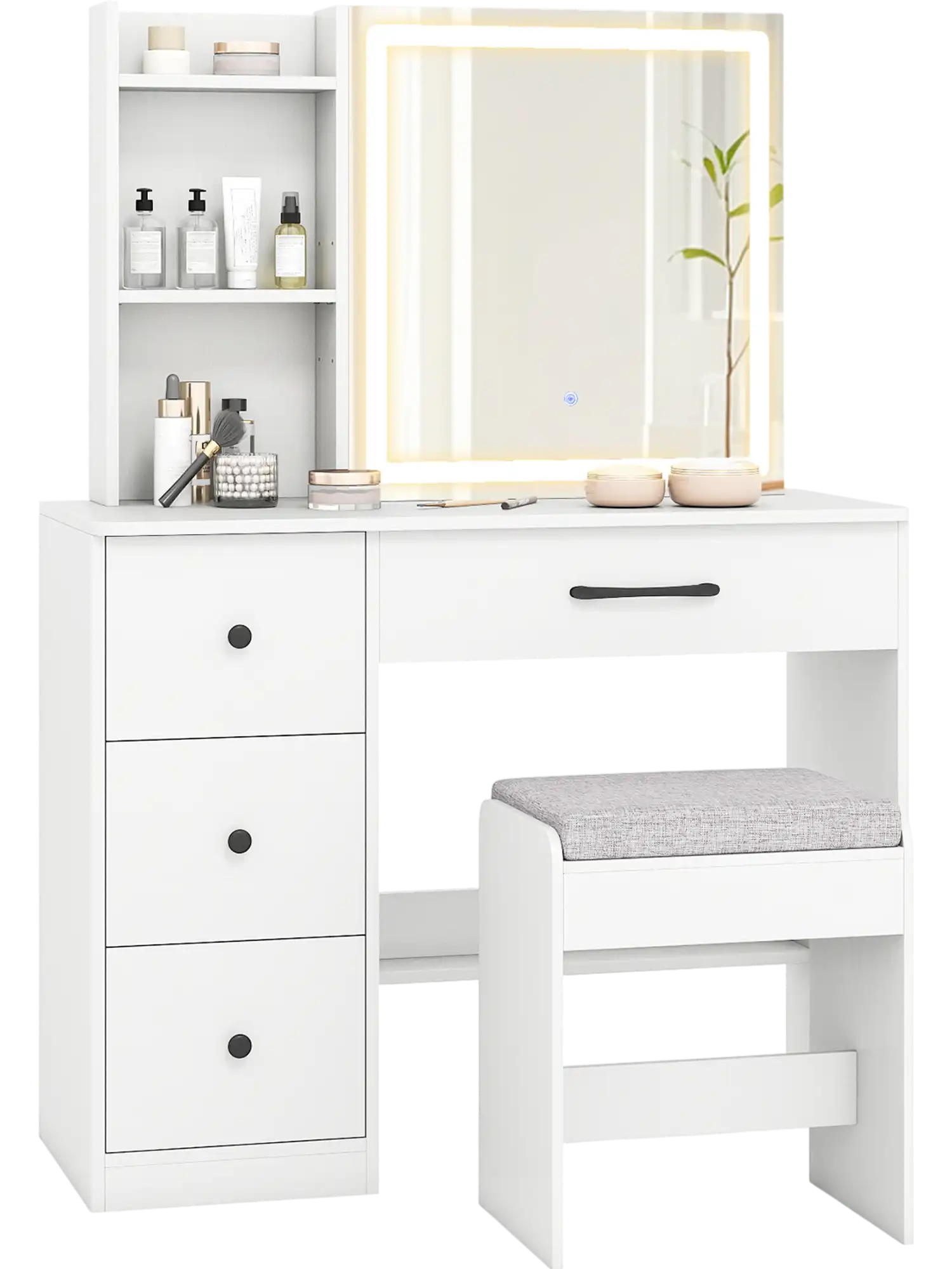 Costway Vanity Desk w/ Sliding Mirror & Lights Chair 4 Drawers 85041248 New