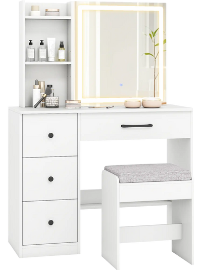 Costway Vanity Desk w/ Sliding Mirror & Lights Chair 4 Drawers 85041248 New