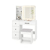Vanity desk with sliding mirror, lights, and 4 drawers in white, featuring adjustable brightness for personalized.