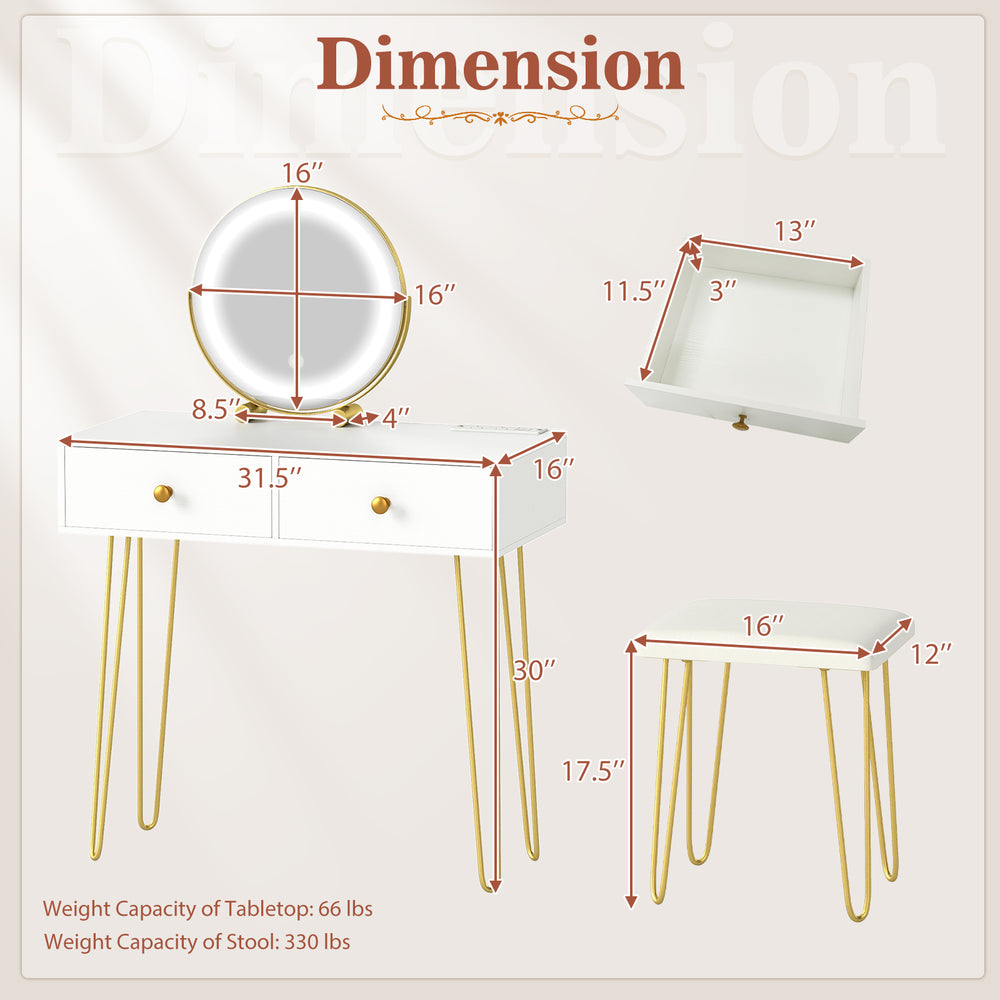 Vanity desk dimensions with lighted adjustable mirror, featuring two drawers and a stool, ideal for bedroom use.