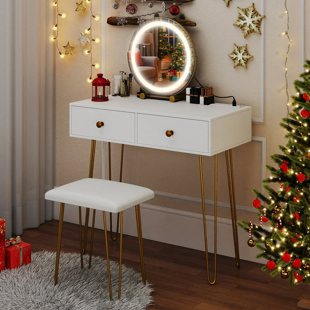 White vanity desk with lighted adjustable mirror, two drawers, and padded stool, perfect for bedroom decor.