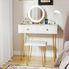 Vanity desk with lighted adjustable mirror, white finish, two drawers, and gold metal legs for stylish bedroom decor.