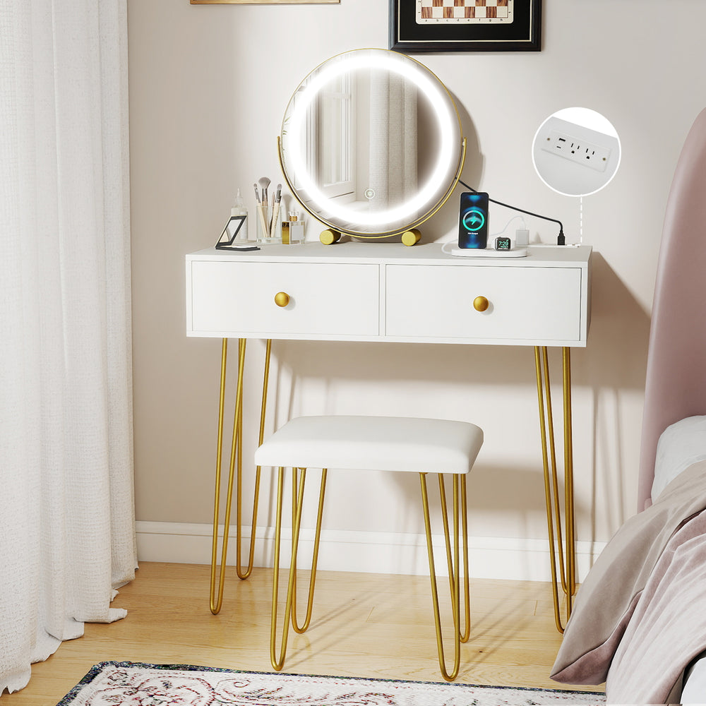 Vanity desk with lighted adjustable mirror, white finish, two drawers, and gold metal legs for stylish bedroom decor.