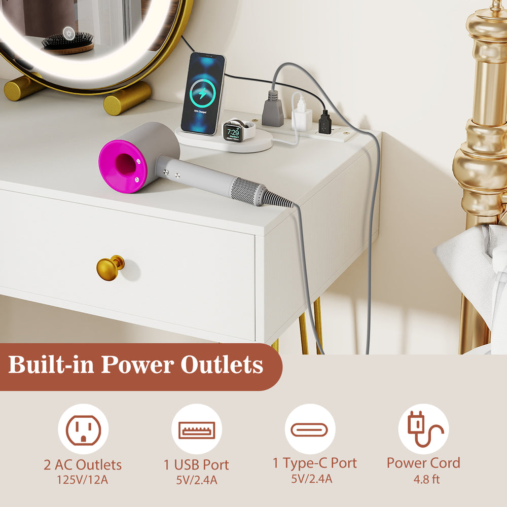 Vanity desk with lighted adjustable mirror, built-in power outlets, and soft padded stool for convenient bedroom use.
