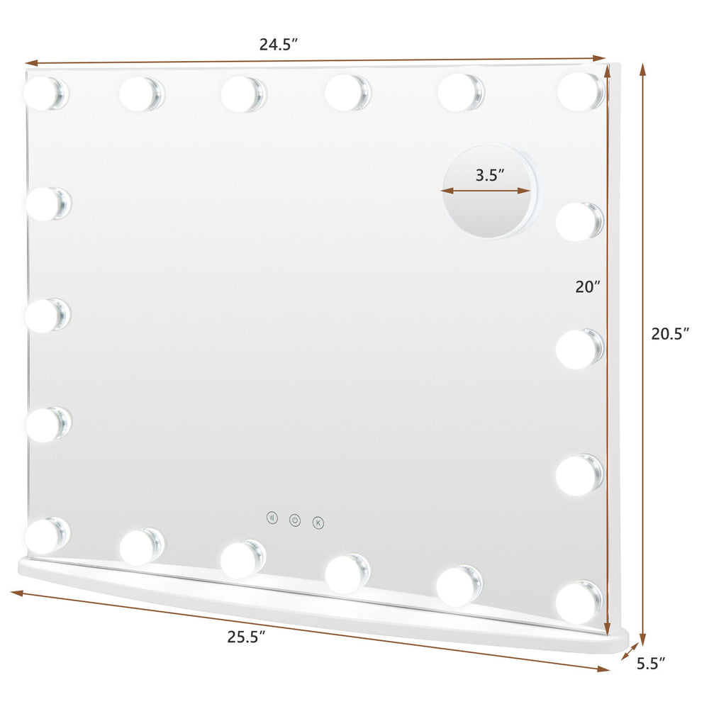 Vanity mirror with 18 dimmable LED bulbs, 3 color lighting modes, and detachable base for versatile use.