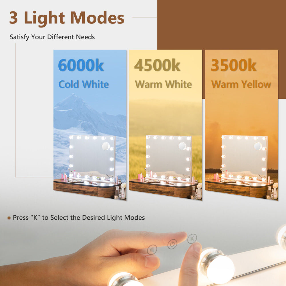 Vanity mirror with 18 dimmable LED bulbs showcasing 3 color lighting modes for versatile makeup application.