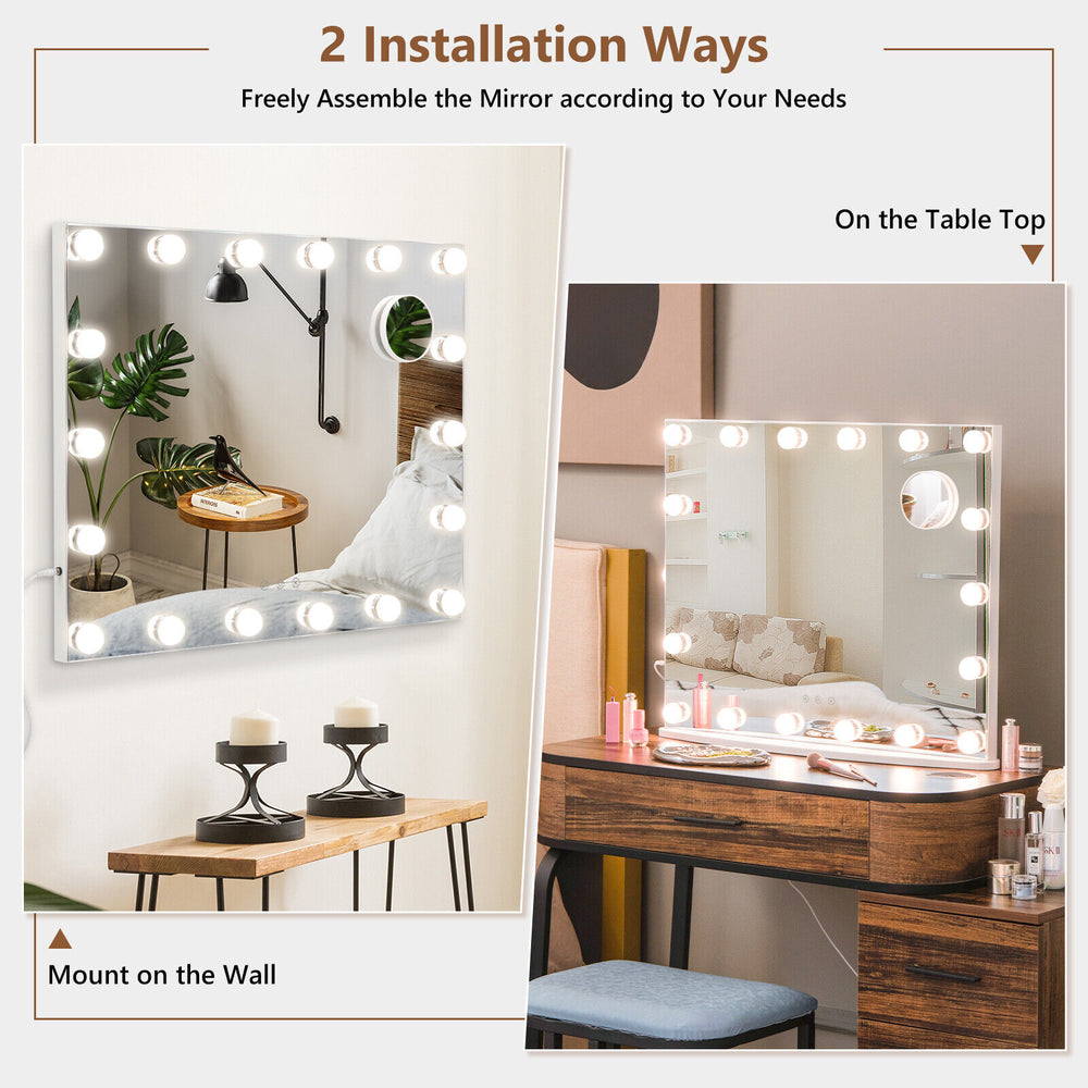 Vanity mirror with 18 dimmable LED bulbs, showcasing wall-mounted and tabletop installation options for versatile use.