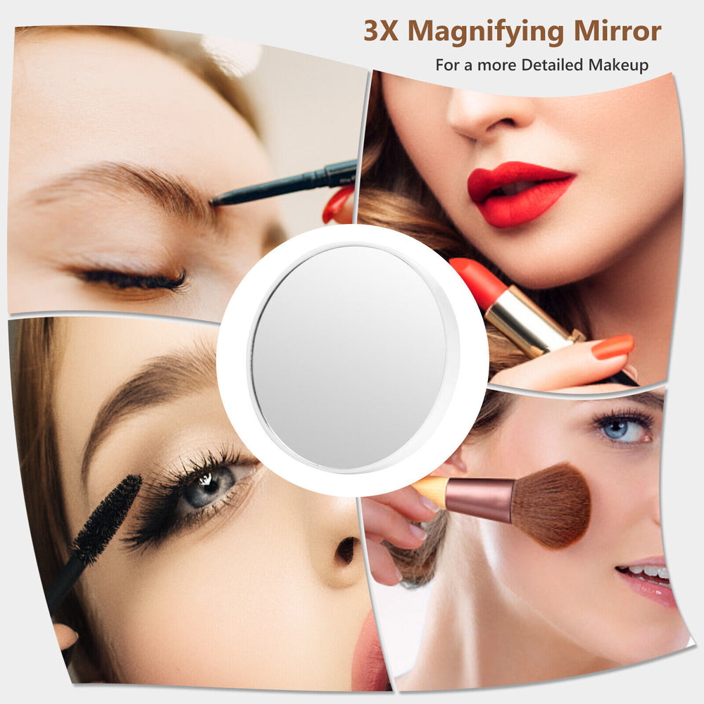 3X magnifying mirror with LED lighting for detailed makeup application, featuring adjustable brightness and three color.