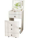 White 3-in-1 vanity set with flip-up mirror, cushioned stool, and ample storage for beauty items in a stylish bedroom.
