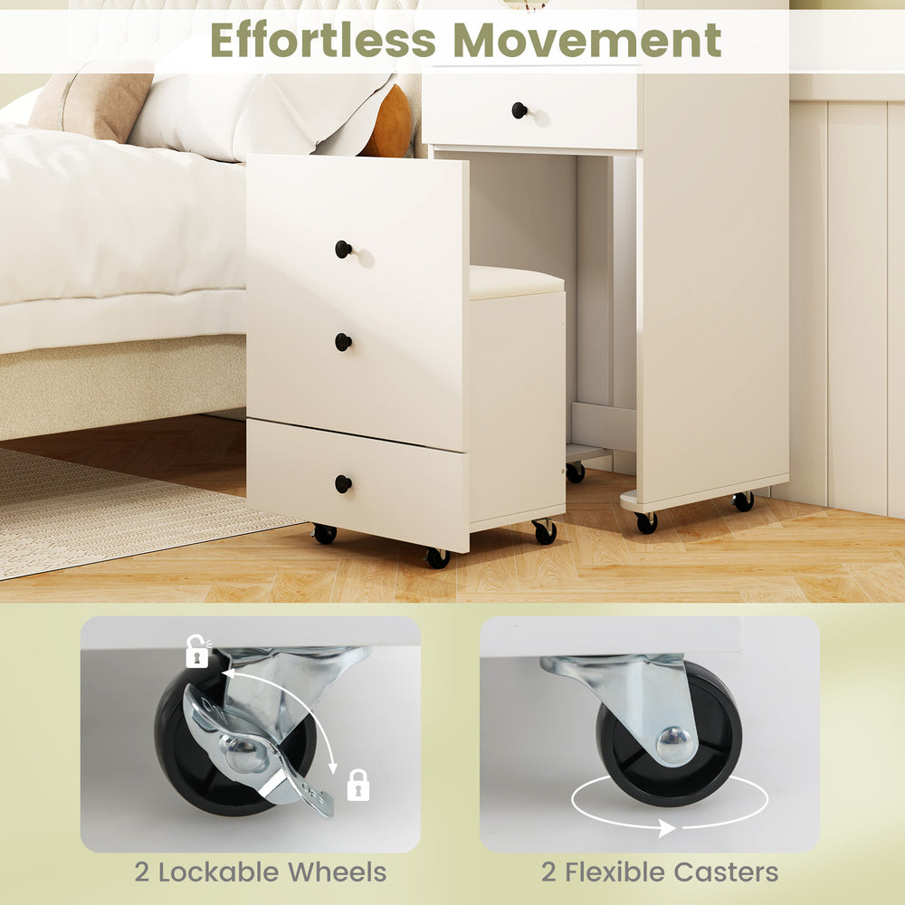 Close-up of the lockable wheels on the 3-in-1 vanity set, ensuring effortless movement and stability for easy use.