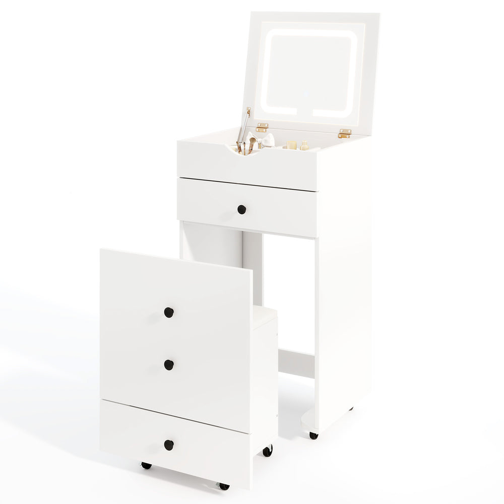 White 3-in-1 vanity set with flip-up mirror, cushioned stool, and ample storage for beauty essentials.