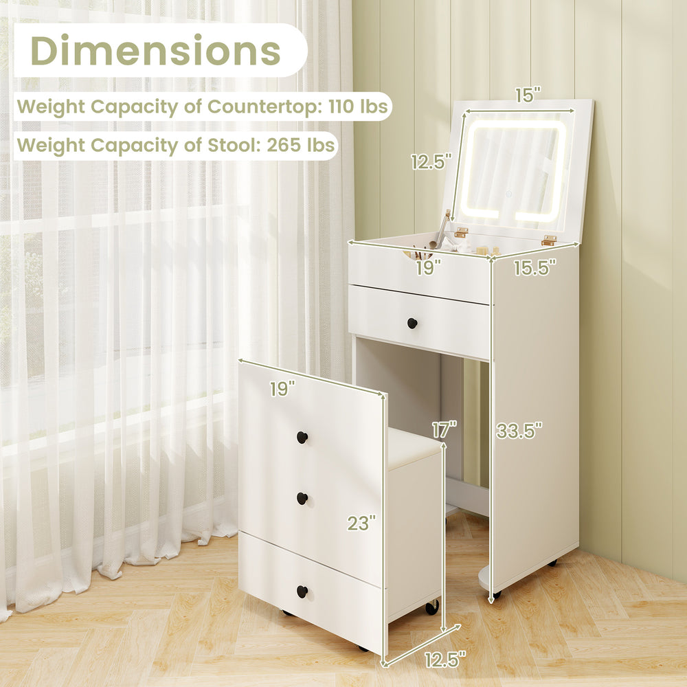 White 3-in-1 vanity set with cushioned stool, flip-up mirror, and ample storage, ideal for stylish bedroom organization.