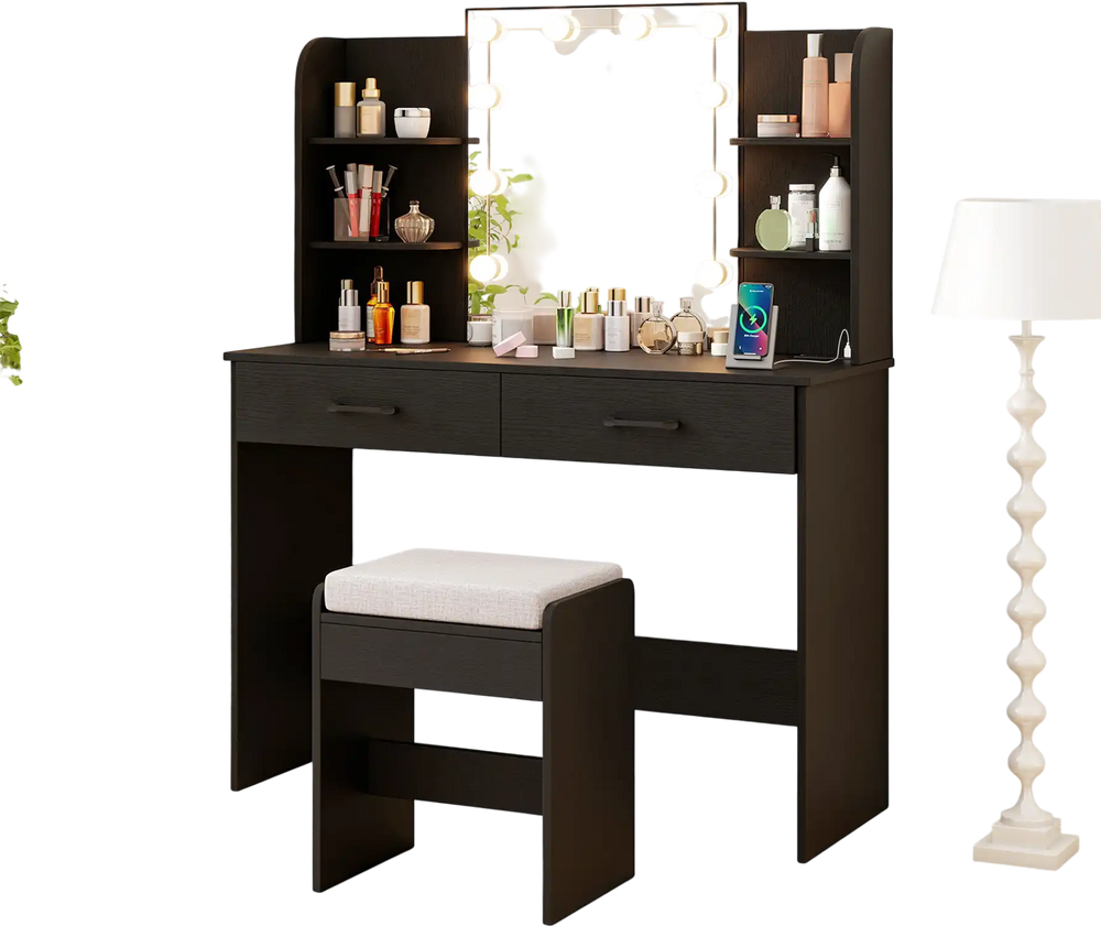 Black vanity set featuring a lighted mirror, cushioned stool, and ample storage with drawers and shelves for efficient.