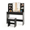 Black vanity set featuring a lighted mirror, cushioned stool, and storage drawers, ideal for makeup and beauty routines.