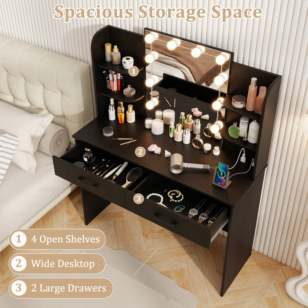 Vanity set in black featuring a lighted mirror, 4 open shelves, and 2 large drawers for efficient storage and.