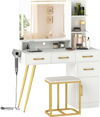 Vanity set with large adjustable LED mirror, white finish, gold accents, and organized storage for makeup and hair.