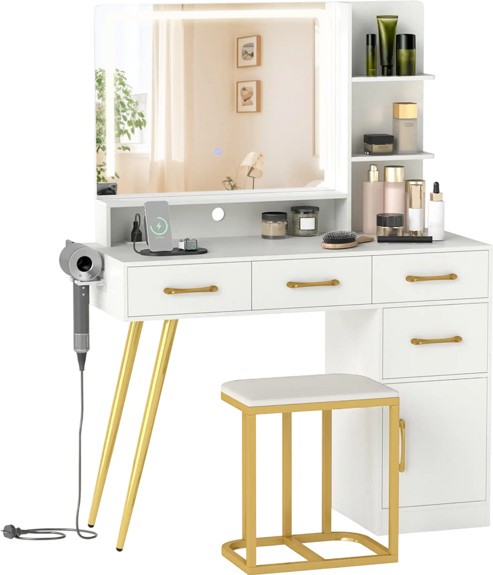 Vanity set with large adjustable LED mirror, white finish, gold accents, and organized storage for makeup and hair.