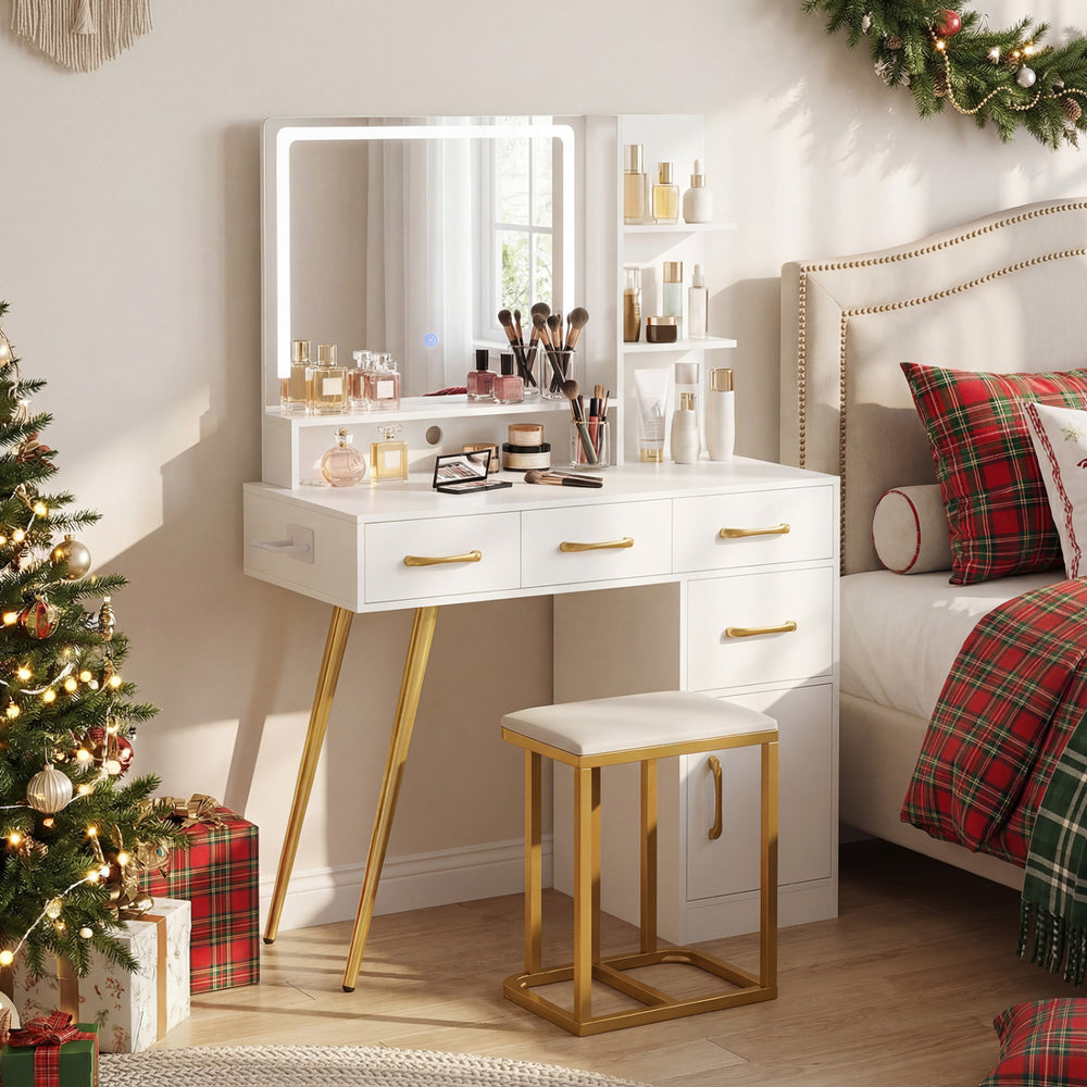 Vanity set with adjustable LED mirror, white finish, gold legs, and padded stool for stylish makeup organization.