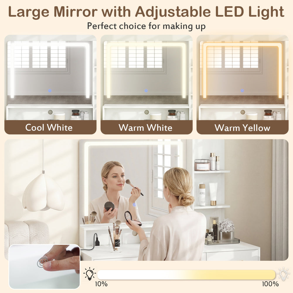 Large vanity mirror with adjustable LED light in cool, warm, and yellow tones for perfect makeup application.