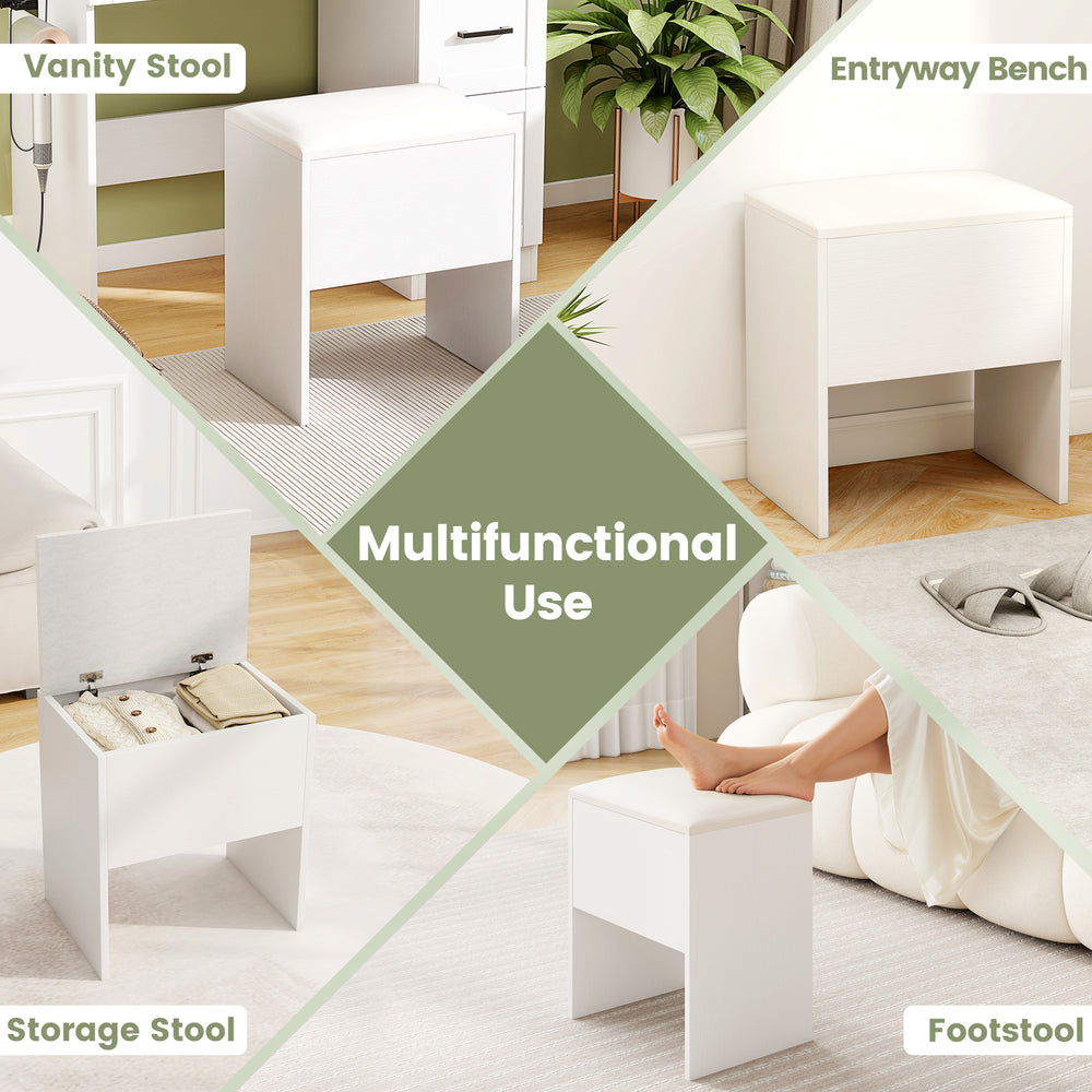 Versatile white vanity stool with flip top storage, cushioned seat, and compact design for small spaces.