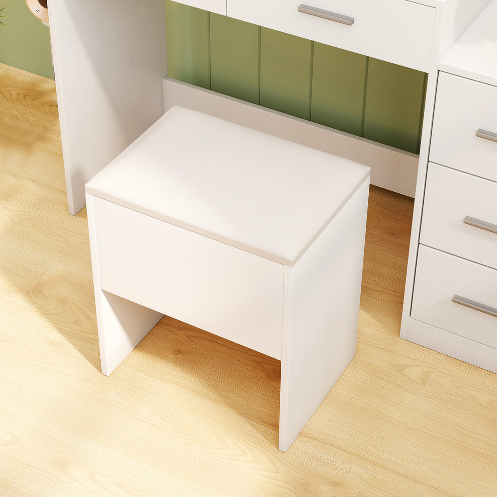 White vanity stool with flip top storage, cushioned seat, and non-slip foot pads for compact spaces and versatile use.