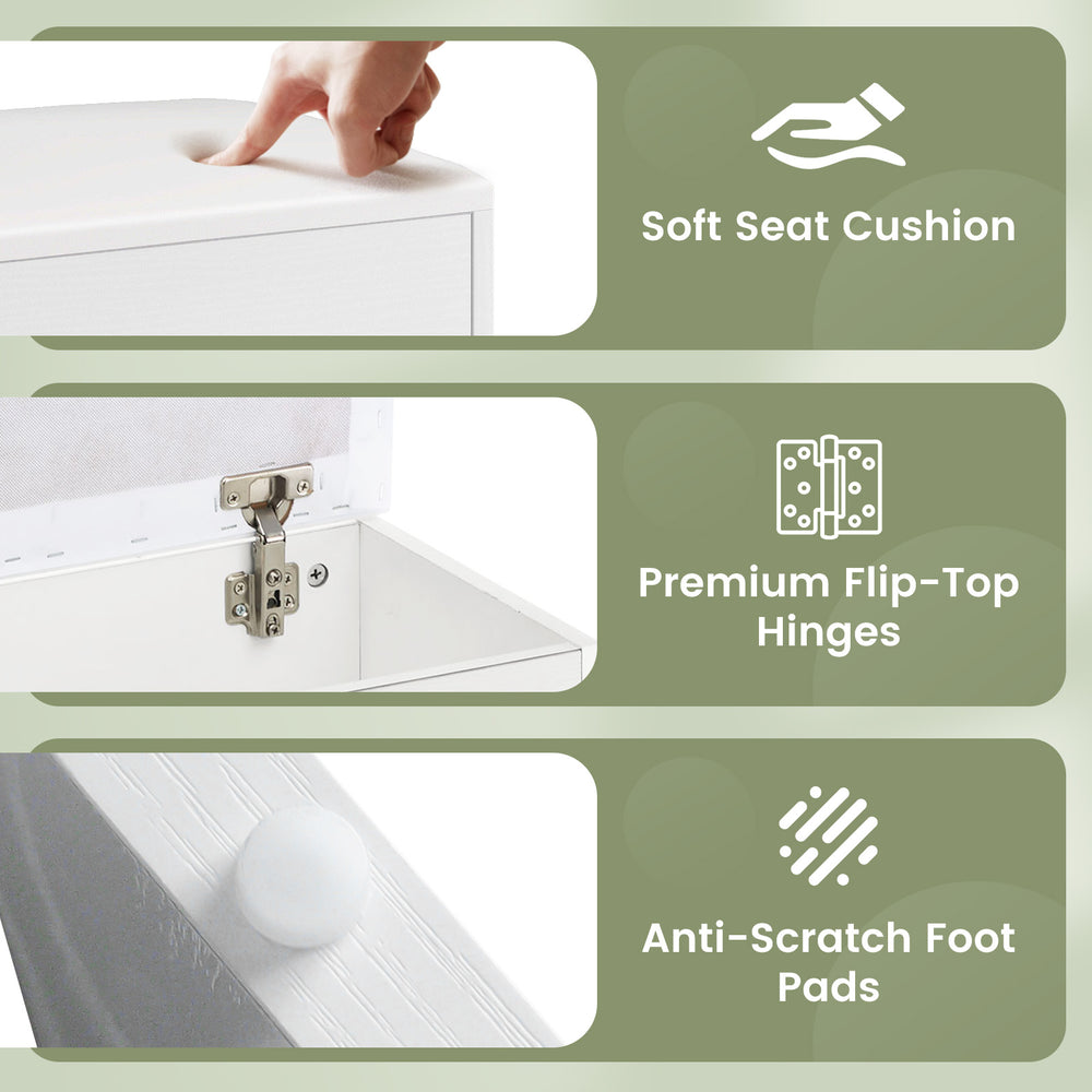 Vanity stool with soft padded seat, flip-top storage, and anti-scratch foot pads for versatile use in small spaces.