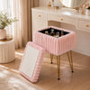 Cozy pink vanity stool with storage and reversible lid, featuring sturdy metal legs for versatile use as a footrest or end table.