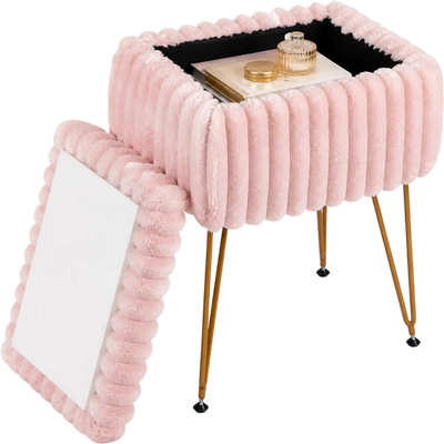 Costway Faux Fur Vanity Stool Storage Ottoman Reversible Lid 94970932 New