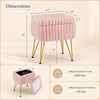 Beige and pink vanity stool with storage, plush upholstery, and sturdy metal legs, ideal for versatile home use.