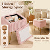 Plush pink vanity stool with hidden storage and reversible lid, perfect for drinks and snacks, supports up to 395 lbs.