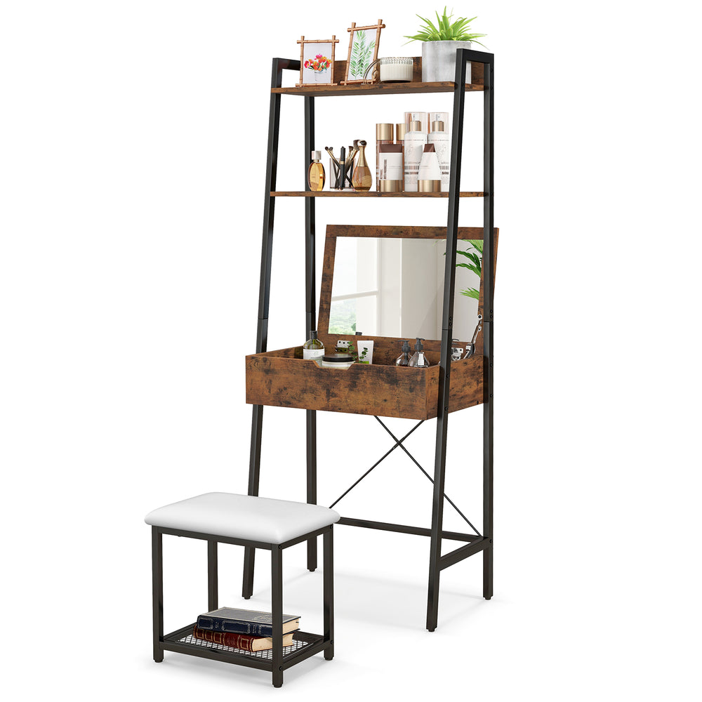 Ladder vanity desk set with flip top mirror, cushioned stool, and shelves for storage, ideal for small spaces.