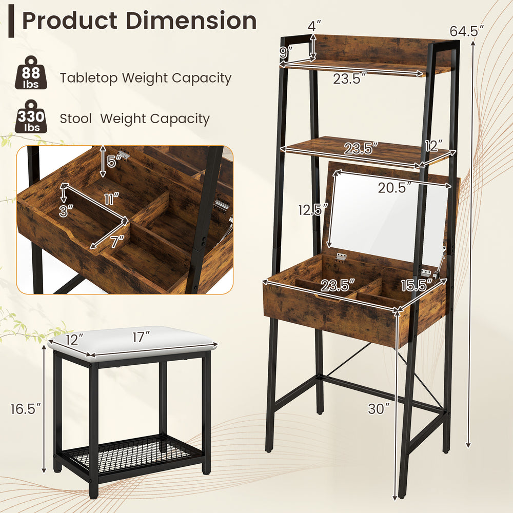Ladder vanity desk set with flip top mirror, cushioned stool, and ample storage, ideal for small spaces.