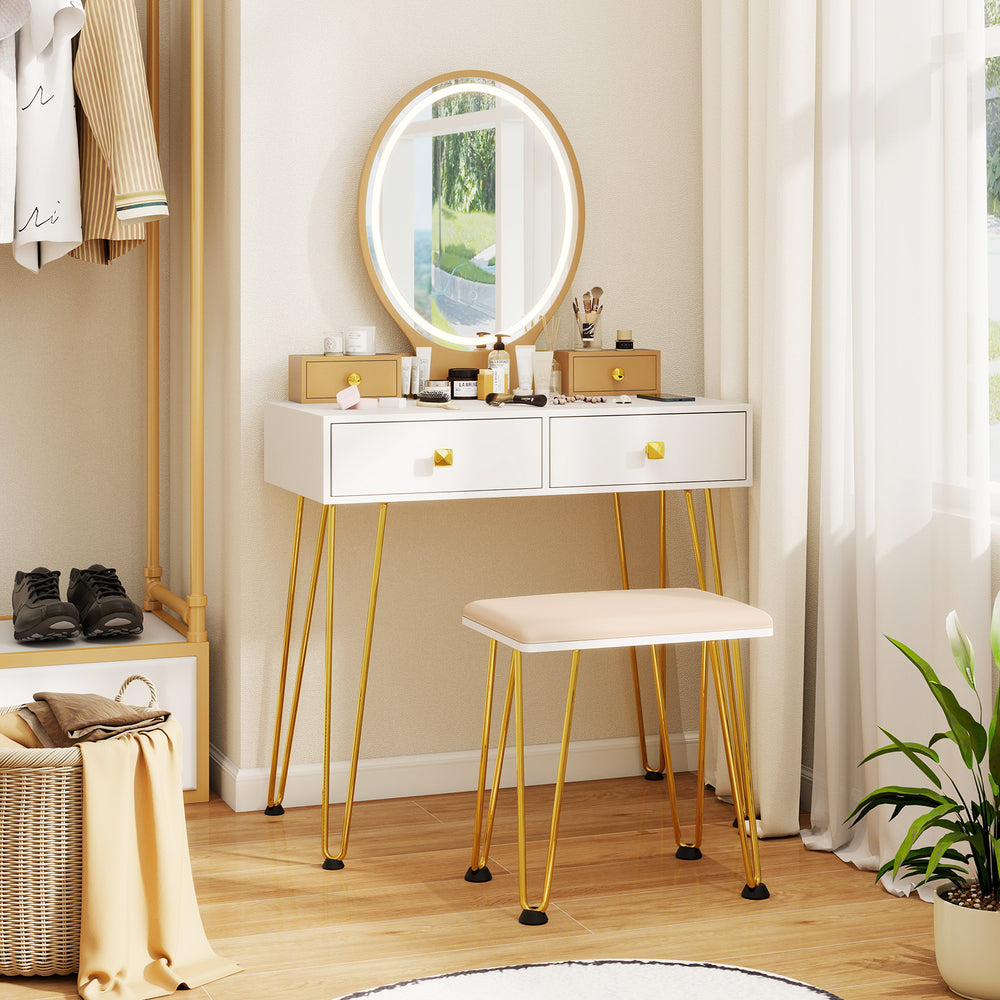 Vanity Table Set with 3-Color Lighted Dimmable Mirror-White - Gallery View 1 of 10