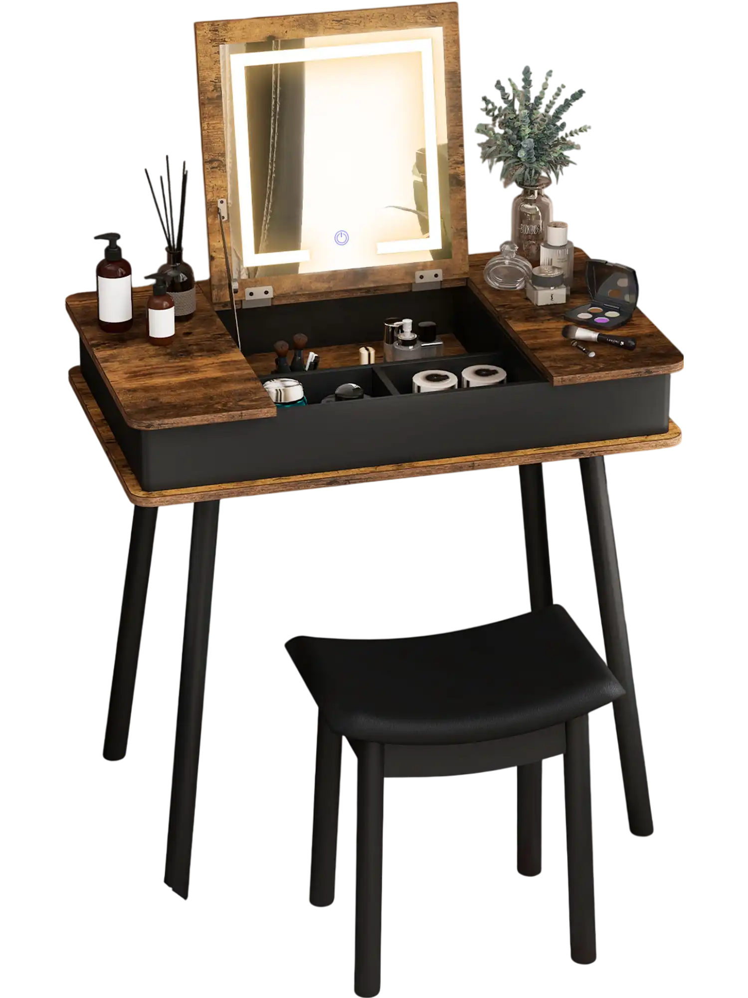 Costway Vanity Table Set Flip Top Mirror Lights USB Desk Stool Brown 71908536 New