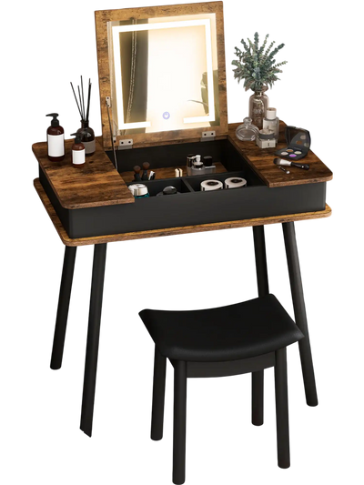 Costway Vanity Table Set Flip Top Mirror Lights USB Desk Stool Brown 71908536 New