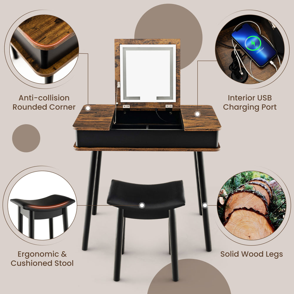 Vanity table set with flip-top mirror, USB charging port, and cushioned stool in rustic brown for stylish makeup.