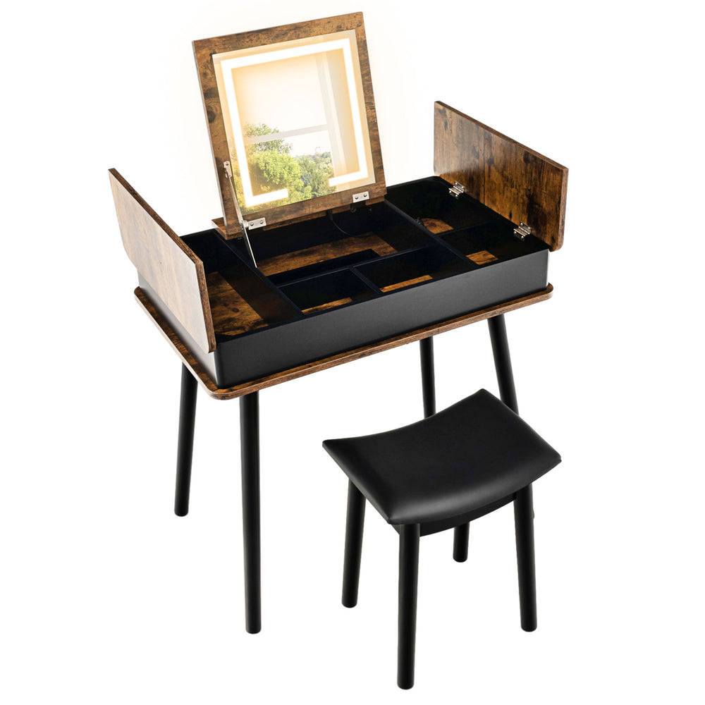 Vanity table set with flip-top mirror, LED lights, and cushioned stool in brown, perfect for makeup and writing.
